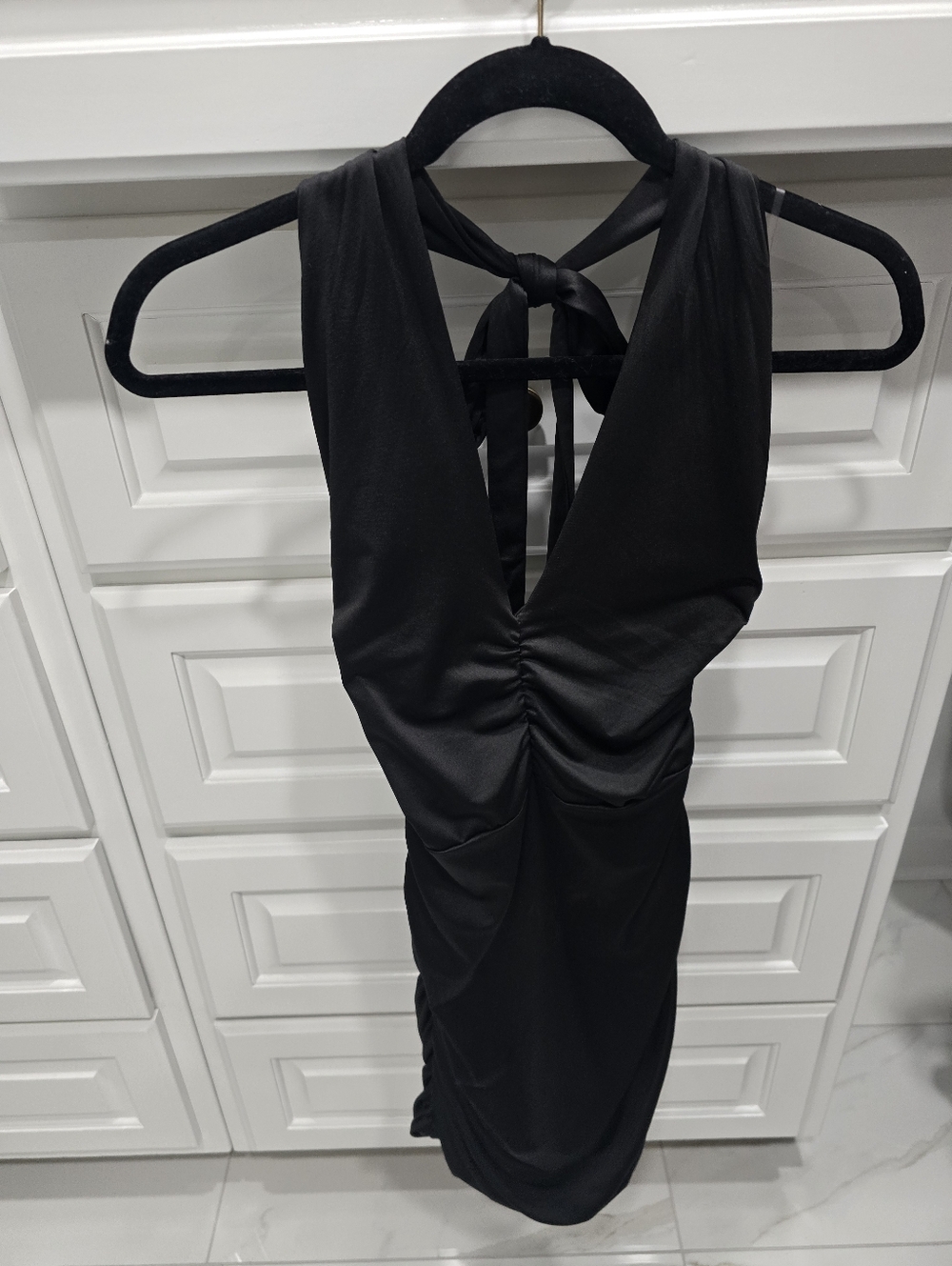 Black Ruched Halter Dress - Women